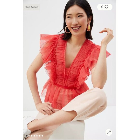 NEW Geisha Designs Anthropologie Ruffled Tulle Sheer Velvet-Trim V-Neck Blouse - Picture 2 of 16